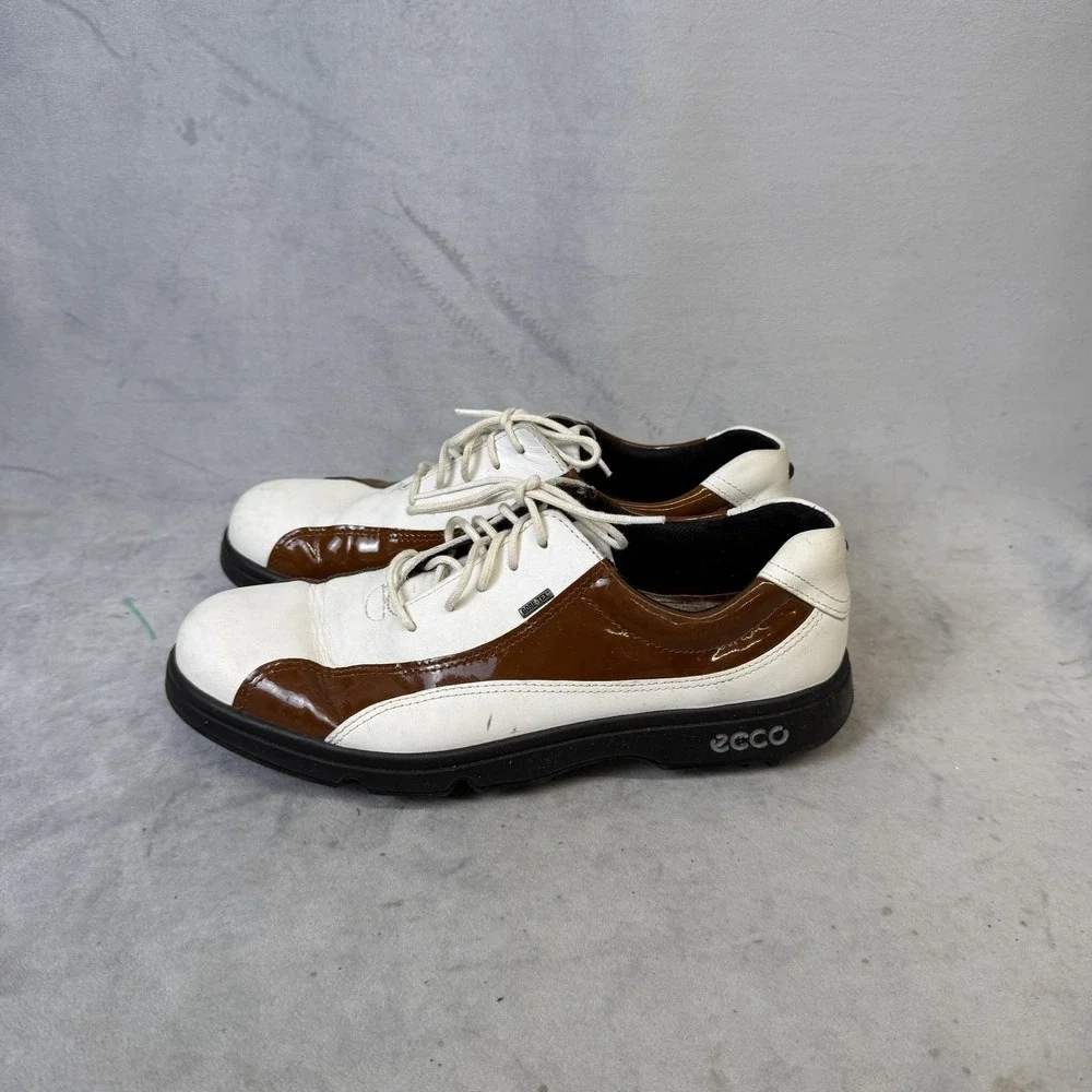 Ecco‎ Gore-Tex Golf Shoes Size 39 White Brown Leather Waterproof Spiked